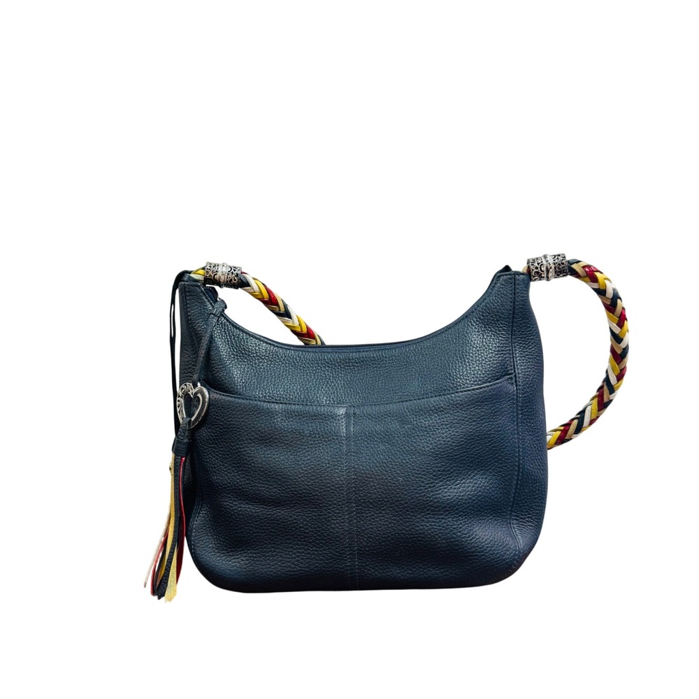 Brighton Navy Blue Pebbled Leather Hobo Bag Braided Multi Color Strap D946462 - Picture 2 of 11